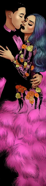 Free dark romance bookmark featuring a couple in a pink dress moment almost sharing a kiss